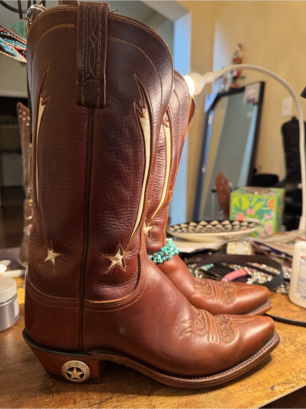 Lucchese Brown Leather Western Heeled Boots with Turquoise Accents - Picture 2 of 8